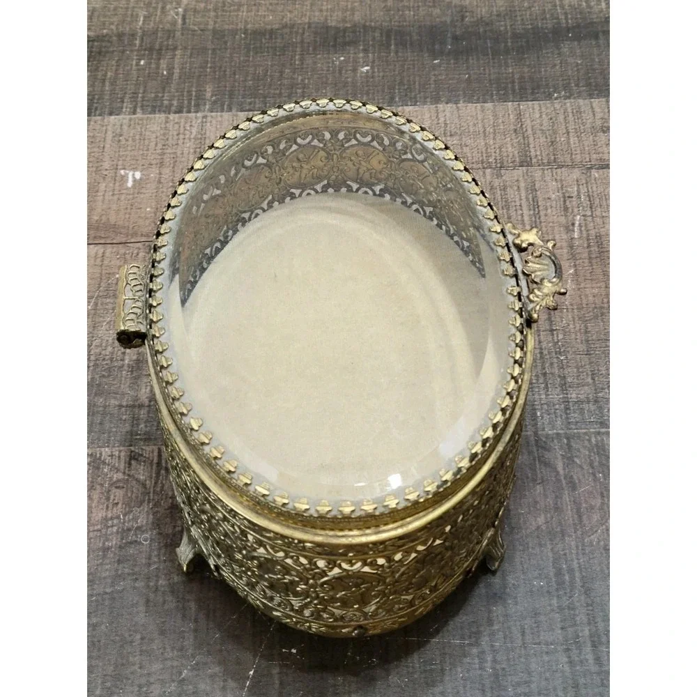VTG‎ Globe Oval 24kt Gold Plate Filigree Ormolu Jewelry Casket